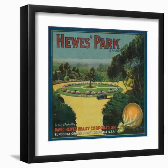 Hewe's Park Orange Label - El Modena, CA-Lantern Press-Framed Art Print