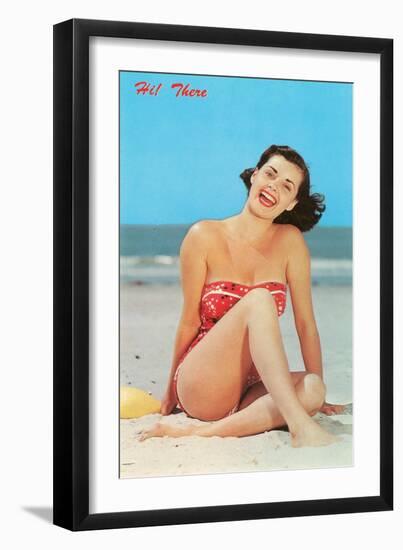 Hi There, Girl on Beach, Retro-null-Framed Art Print