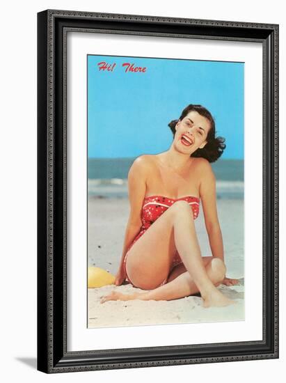 Hi There, Girl on Beach, Retro-null-Framed Art Print