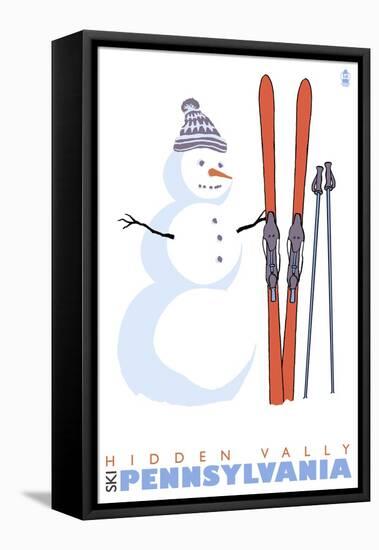 Hidden Valley, Pennsylvania, Snowman with Skis-Lantern Press-Framed Stretched Canvas