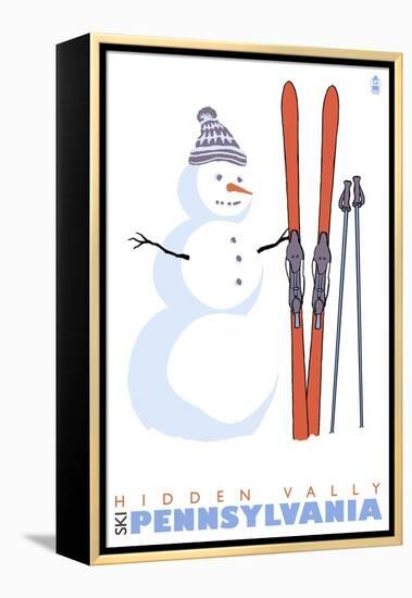 Hidden Valley, Pennsylvania, Snowman with Skis-Lantern Press-Framed Stretched Canvas