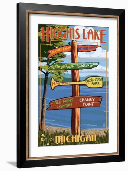 Higgins Lake, Michigan - Sign Post-Lantern Press-Framed Art Print