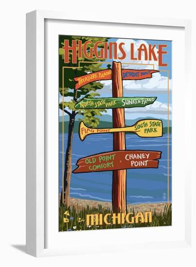 Higgins Lake, Michigan - Sign Post-Lantern Press-Framed Art Print