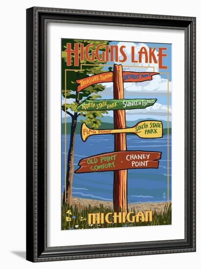 Higgins Lake, Michigan - Sign Post-Lantern Press-Framed Art Print