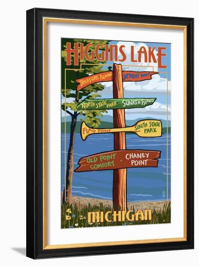 Higgins Lake, Michigan - Sign Post-Lantern Press-Framed Art Print