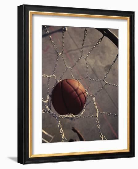 High Angle View of a Basketball in a Net-null-Framed Photographic Print