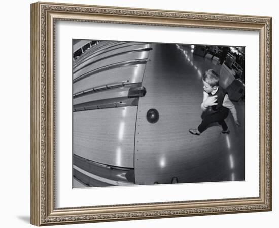 High Angle View of a Boy Bowling-null-Framed Photographic Print