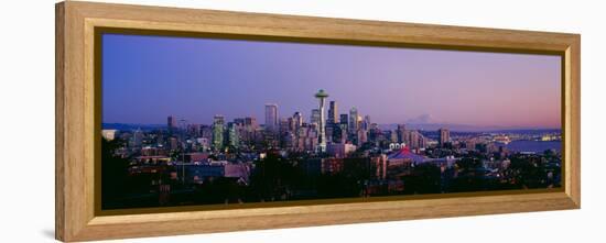 High Angle View of a City at Sunrise, Seattle, Mt Rainier, King County, Washington State, USA 2013-null-Framed Stretched Canvas