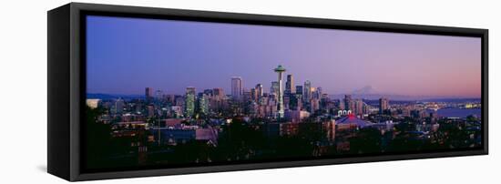 High Angle View of a City at Sunrise, Seattle, Mt Rainier, King County, Washington State, USA 2013-null-Framed Stretched Canvas