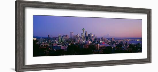 High Angle View of a City at Sunrise, Seattle, Mt Rainier, King County, Washington State, USA 2013--Framed Photographic Print