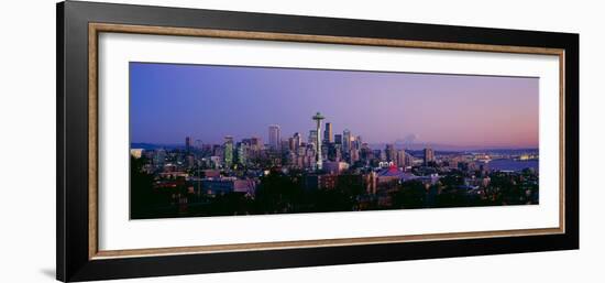 High Angle View of a City at Sunrise, Seattle, Mt Rainier, King County, Washington State, USA 2013--Framed Photographic Print