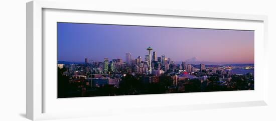 High Angle View of a City at Sunrise, Seattle, Mt Rainier, King County, Washington State, USA 2013--Framed Photographic Print