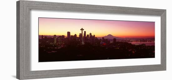 High Angle View of a City at Sunrise, Seattle, Mt Rainier, King County, Washington State, USA 2013-null-Framed Photographic Print