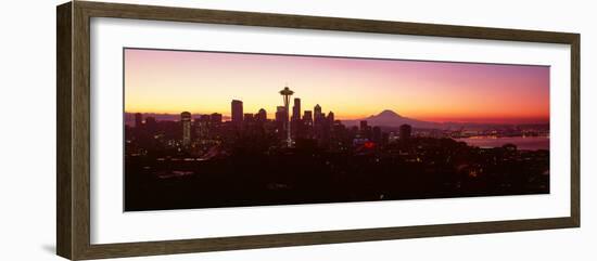 High Angle View of a City at Sunrise, Seattle, Mt Rainier, King County, Washington State, USA 2013-null-Framed Photographic Print