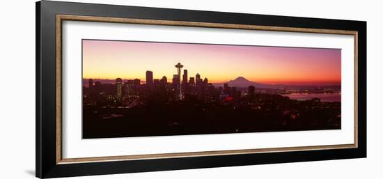 High Angle View of a City at Sunrise, Seattle, Mt Rainier, King County, Washington State, USA 2013-null-Framed Photographic Print