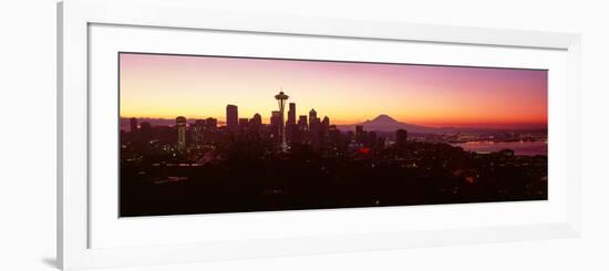 High Angle View of a City at Sunrise, Seattle, Mt Rainier, King County, Washington State, USA 2013-null-Framed Photographic Print