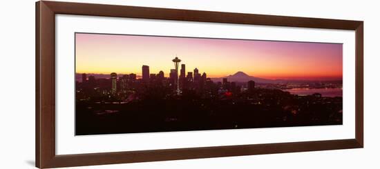 High Angle View of a City at Sunrise, Seattle, Mt Rainier, King County, Washington State, USA 2013-null-Framed Photographic Print