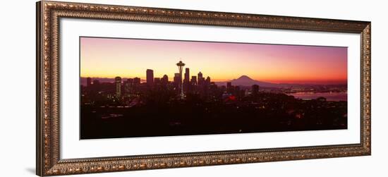 High Angle View of a City at Sunrise, Seattle, Mt Rainier, King County, Washington State, USA 2013-null-Framed Photographic Print