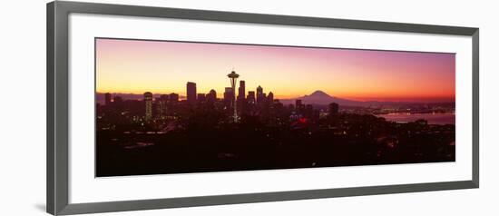 High Angle View of a City at Sunrise, Seattle, Mt Rainier, King County, Washington State, USA 2013-null-Framed Photographic Print