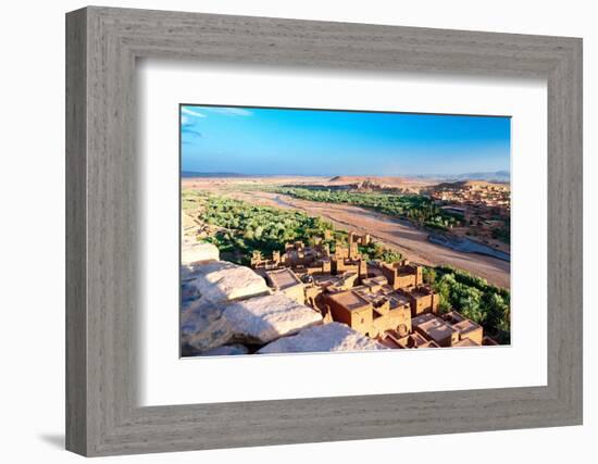 High angle view of Ait Ben Haddou, in the desert landscape at feet of Atlas Mountains-Roberto Moiola-Framed Photographic Print