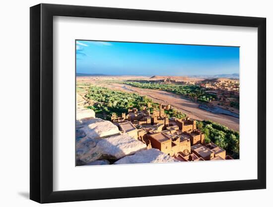 High angle view of Ait Ben Haddou, in the desert landscape at feet of Atlas Mountains-Roberto Moiola-Framed Photographic Print