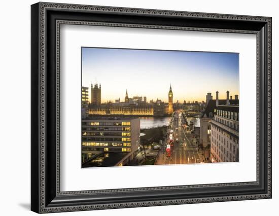 High angle view of Big Ben, the Palace of Westminster and Westminster Bridge at dusk, London, Engla-Fraser Hall-Framed Photographic Print