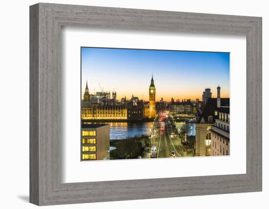 High angle view of Big Ben, the Palace of Westminster and Westminster Bridge at dusk, London, Engla-Fraser Hall-Framed Photographic Print