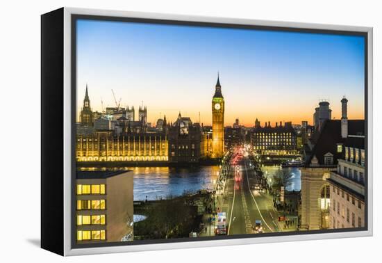 High angle view of Big Ben, the Palace of Westminster and Westminster Bridge at dusk, London, Engla-Fraser Hall-Framed Premier Image Canvas
