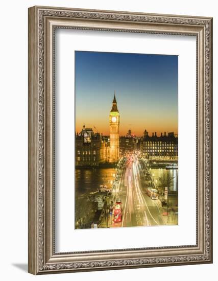 High angle view of Big Ben, the Palace of Westminster and Westminster Bridge at dusk, London, Engla-Fraser Hall-Framed Photographic Print