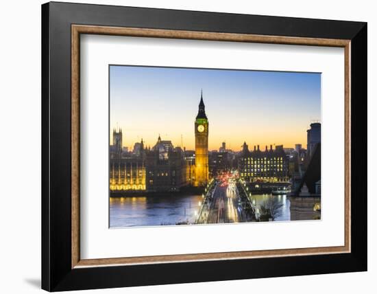 High angle view of Big Ben, the Palace of Westminster and Westminster Bridge at dusk, London, Engla-Fraser Hall-Framed Photographic Print