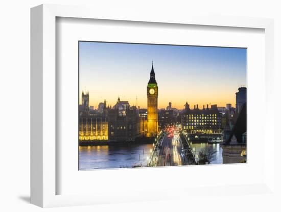 High angle view of Big Ben, the Palace of Westminster and Westminster Bridge at dusk, London, Engla-Fraser Hall-Framed Photographic Print