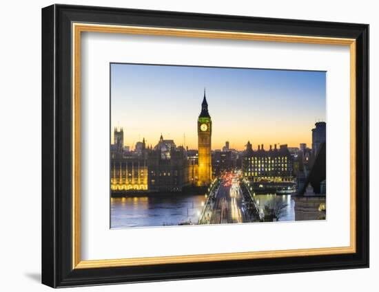 High angle view of Big Ben, the Palace of Westminster and Westminster Bridge at dusk, London, Engla-Fraser Hall-Framed Photographic Print