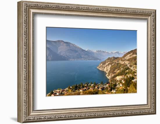 High angle view of Lake Como from Castle Vezio with Varenna and Gittana, Lombardy, Italy-Simon Montgomery-Framed Photographic Print