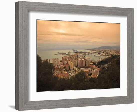 High Angle View of Malaga Cityscape with Bullring and Docks, Andalusia, Spain, Europe-Ian Egner-Framed Photographic Print