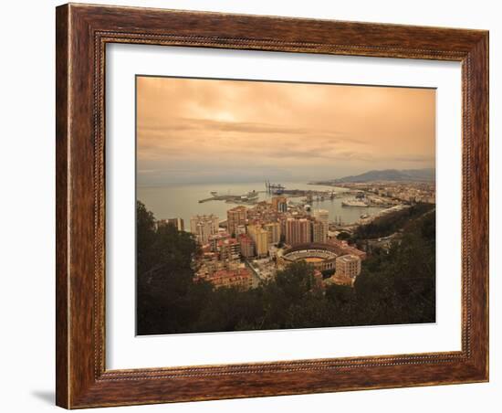 High Angle View of Malaga Cityscape with Bullring and Docks, Andalusia, Spain, Europe-Ian Egner-Framed Photographic Print