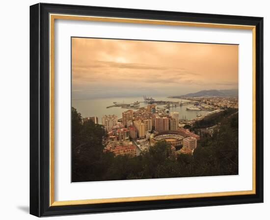 High Angle View of Malaga Cityscape with Bullring and Docks, Andalusia, Spain, Europe-Ian Egner-Framed Photographic Print