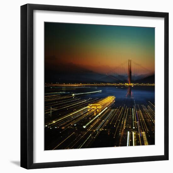 High Angle View Of San Francisco And The Golden Gate Bridge At Sunset With Streaks Of Light-Ron Koeberer-Framed Photographic Print