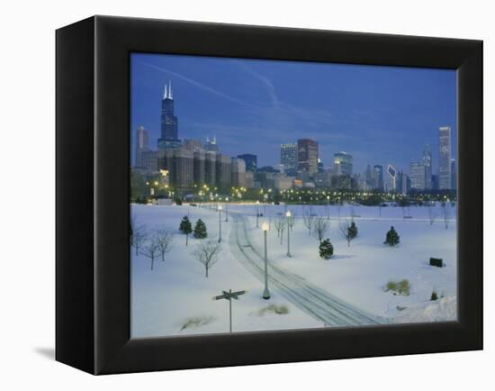 High Angle View of Snow Covered Landscape with Buildings in the Background, Chicago, Illinois, USA-null-Framed Premier Image Canvas