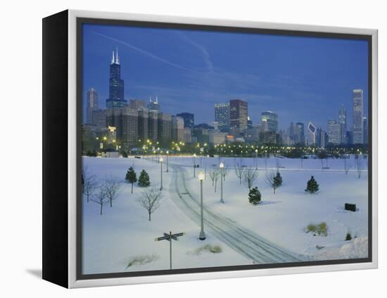 High Angle View of Snow Covered Landscape with Buildings in the Background, Chicago, Illinois, USA-null-Framed Premier Image Canvas