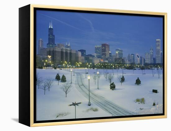 High Angle View of Snow Covered Landscape with Buildings in the Background, Chicago, Illinois, USA-null-Framed Premier Image Canvas