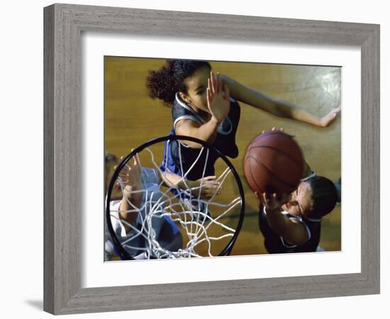 High Angle View of Teenage Girls Playing Basketball-null-Framed Photographic Print