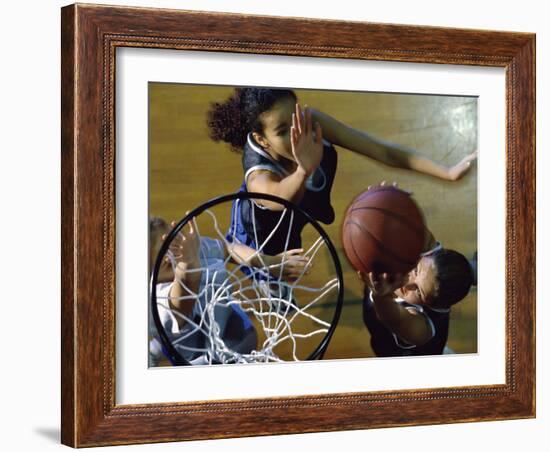 High Angle View of Teenage Girls Playing Basketball-null-Framed Photographic Print