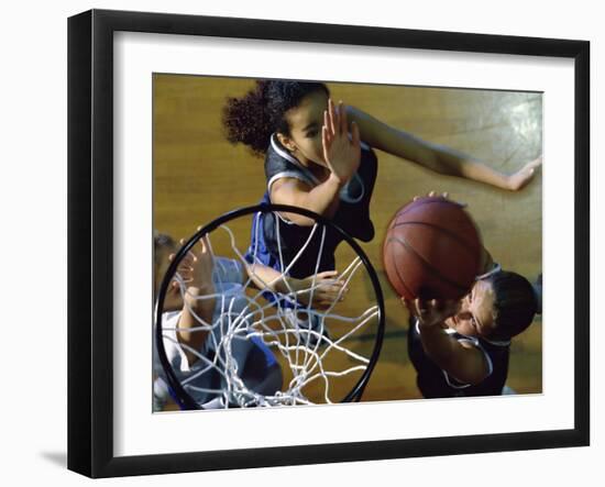 High Angle View of Teenage Girls Playing Basketball-null-Framed Photographic Print