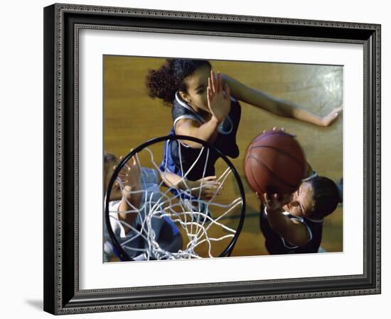 High Angle View of Teenage Girls Playing Basketball-null-Framed Photographic Print