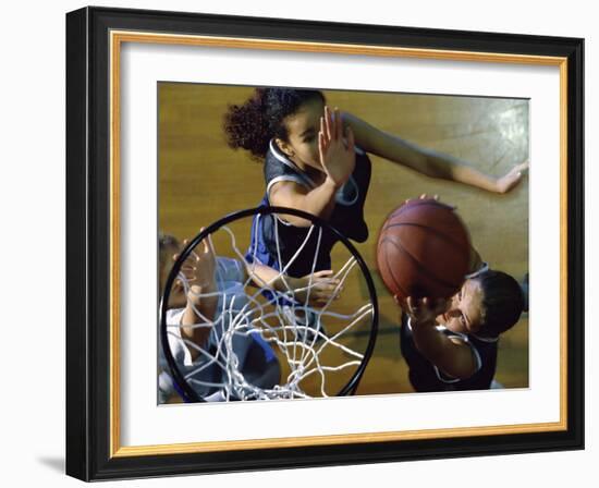 High Angle View of Teenage Girls Playing Basketball-null-Framed Photographic Print