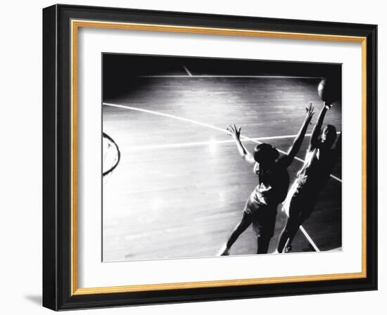 High Angle View of Two Young Women Playing Basketball-null-Framed Photographic Print