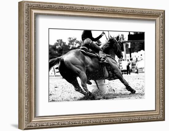 High Contrast, Black and White Closeup of a Rodeo Barrel Racer Making a Turn at One of the Barrels-Lincoln Rogers-Framed Photographic Print