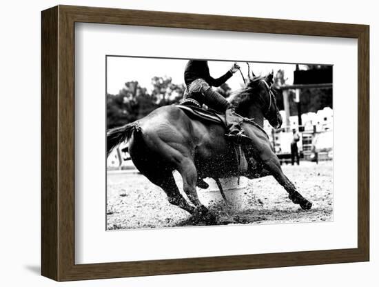 High Contrast, Black and White Closeup of a Rodeo Barrel Racer Making a Turn at One of the Barrels-Lincoln Rogers-Framed Photographic Print