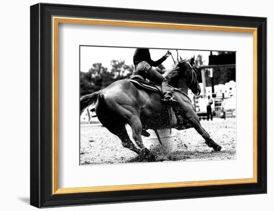 High Contrast, Black and White Closeup of a Rodeo Barrel Racer Making a Turn at One of the Barrels-Lincoln Rogers-Framed Photographic Print