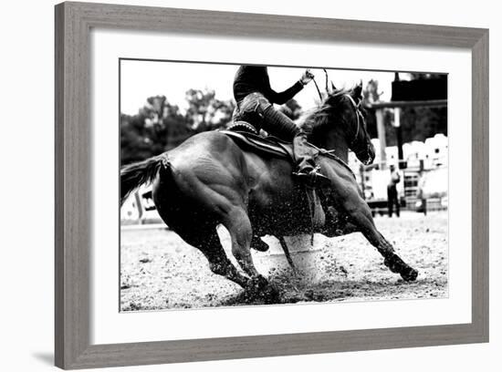 High Contrast, Black and White Closeup of a Rodeo Barrel Racer Making a Turn at One of the Barrels-Lincoln Rogers-Framed Photographic Print